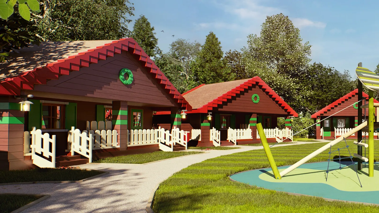 Colorful playground cabins in sunny park setting.