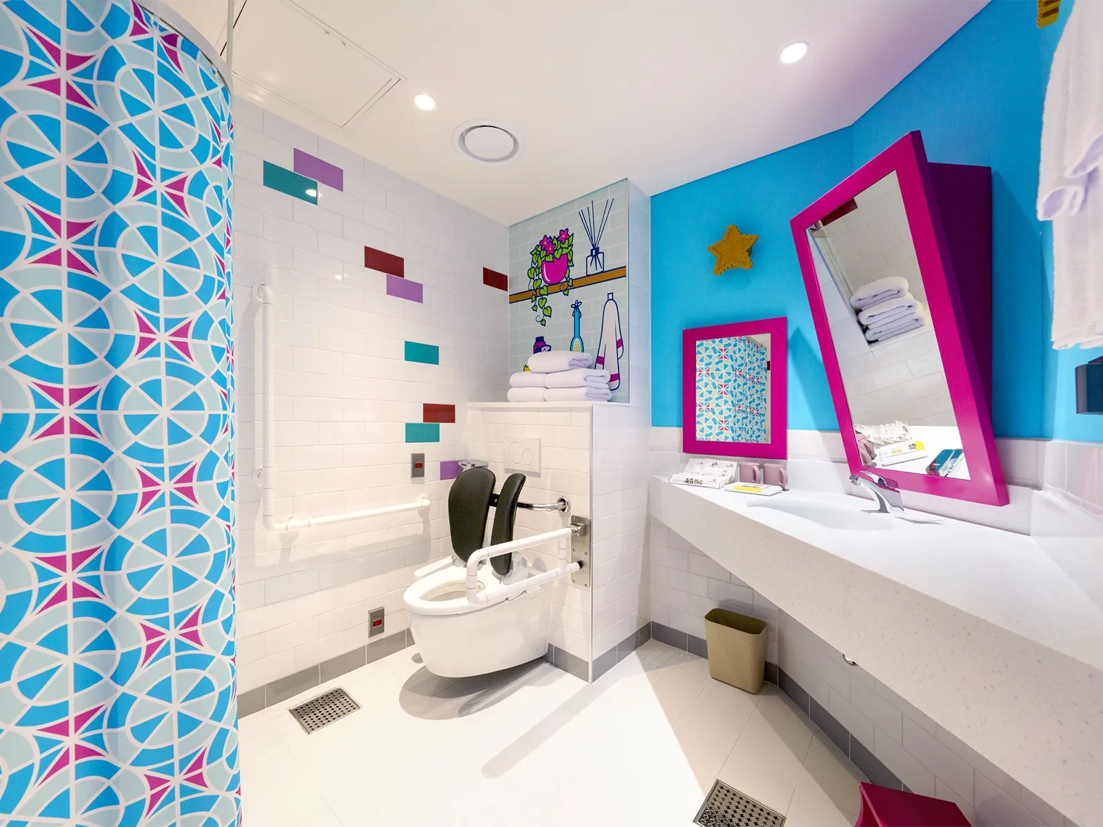 Colorful accessible bathroom with vibrant design elements