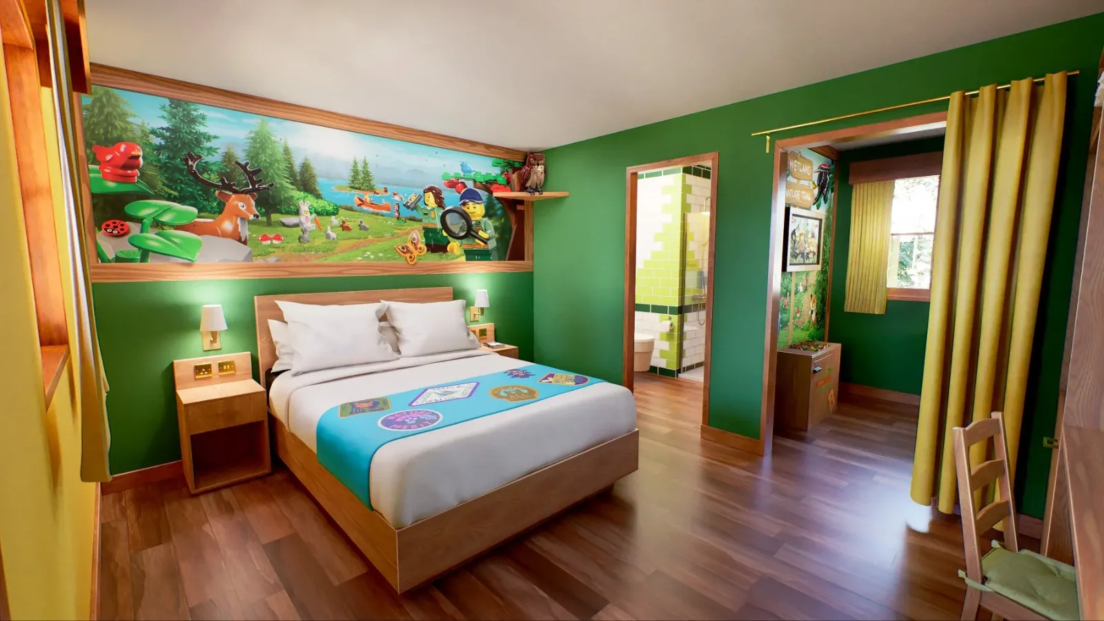 Bright themed bedroom with vibrant cartoon wall mural