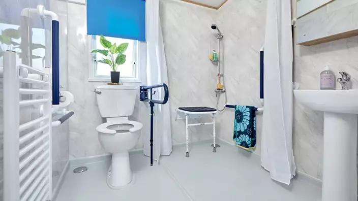 Accessible bathroom with safety features and modern decor