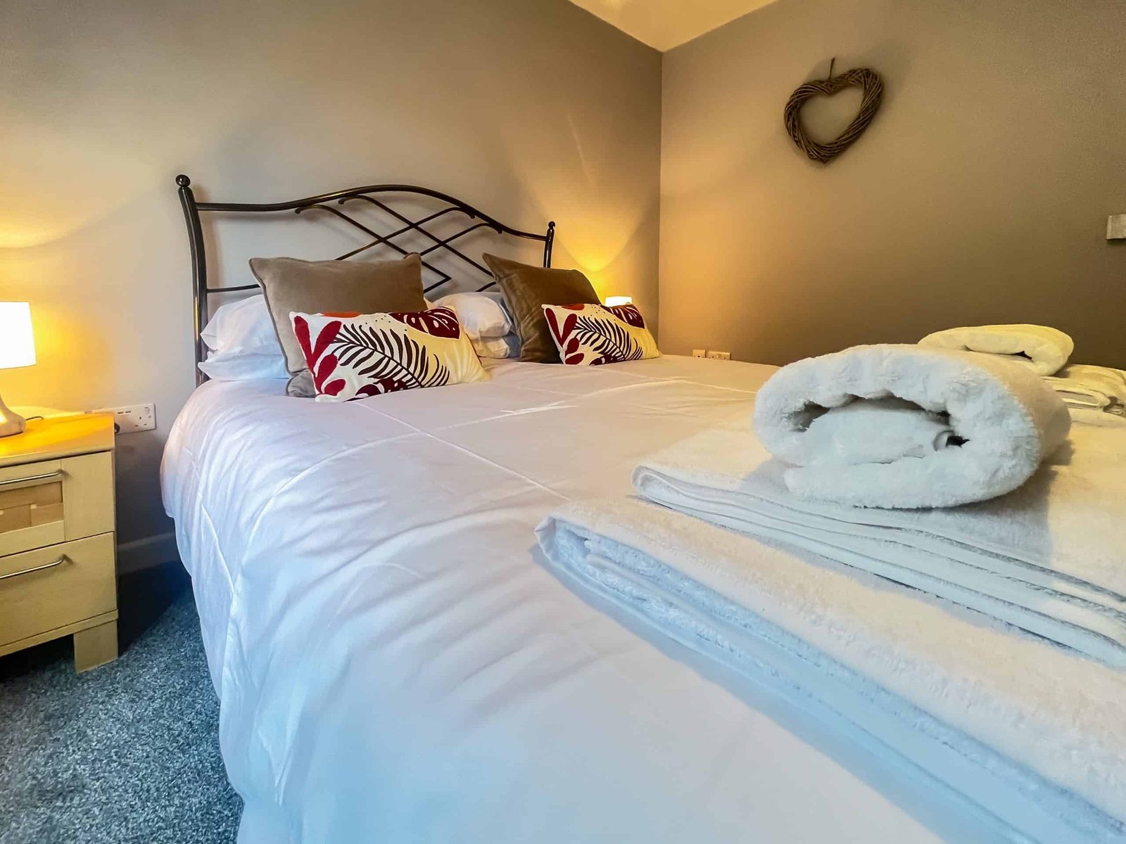 Cozy hotel bedroom with stylish decor and clean bedding