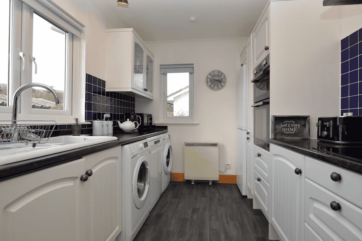 Modern kitchen with white cabinets and appliances