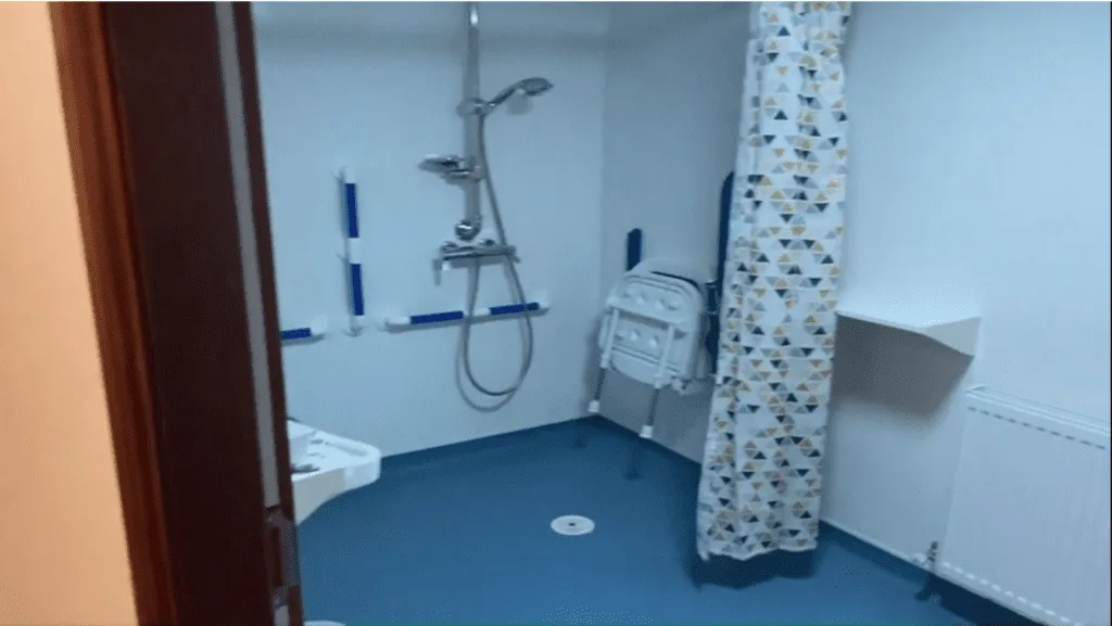 Accessible bathroom with shower and support handles