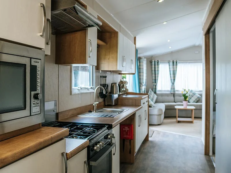 Modern kitchen interior in a spacious mobile home
