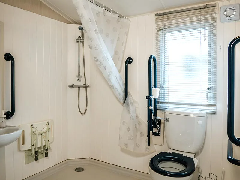 Accessible bathroom with safety handles and shower curtain
