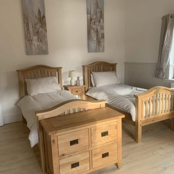 Cozy twin bedroom with wooden furniture and art