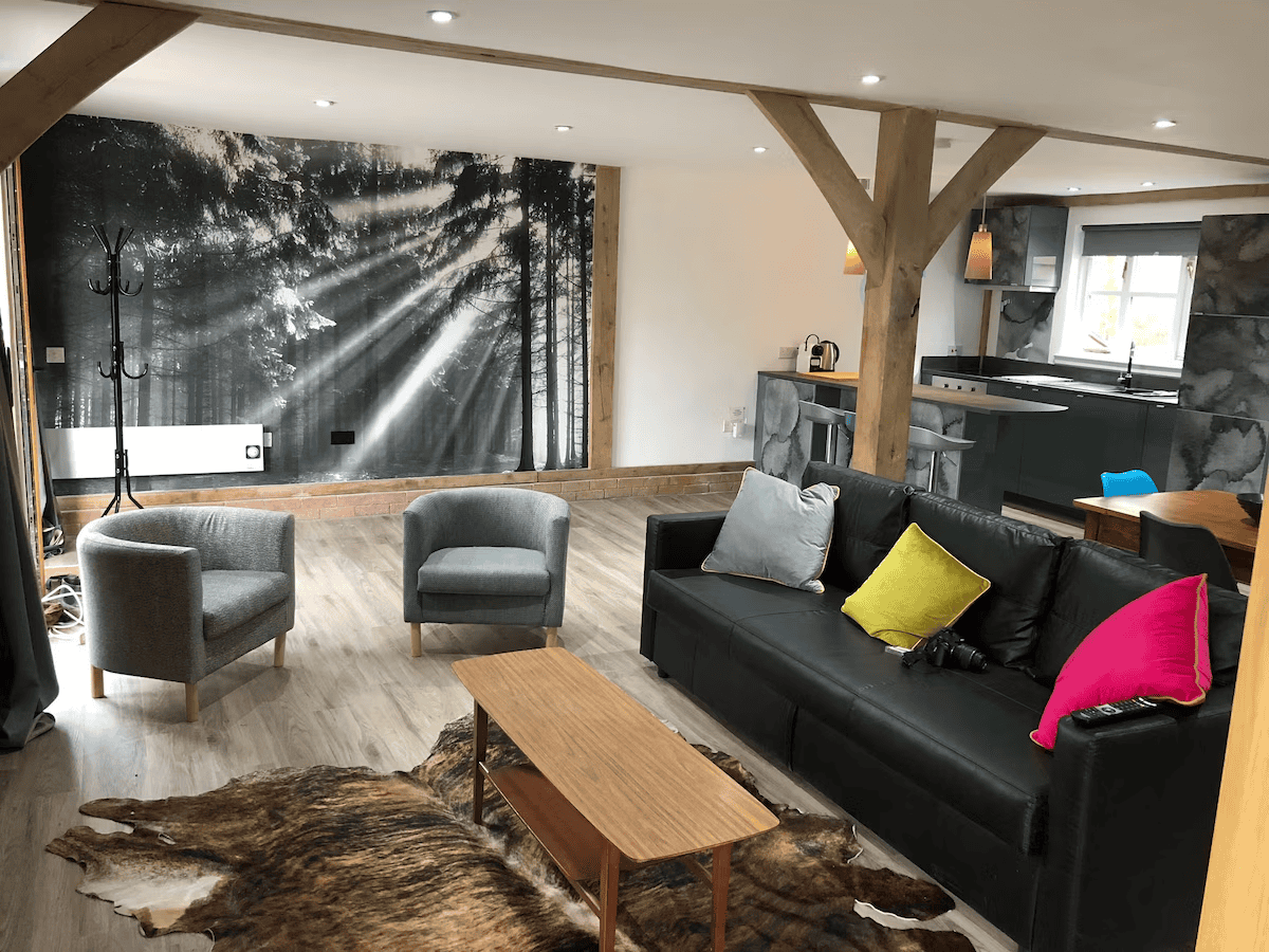 Stylish open-plan living room with modern kitchen