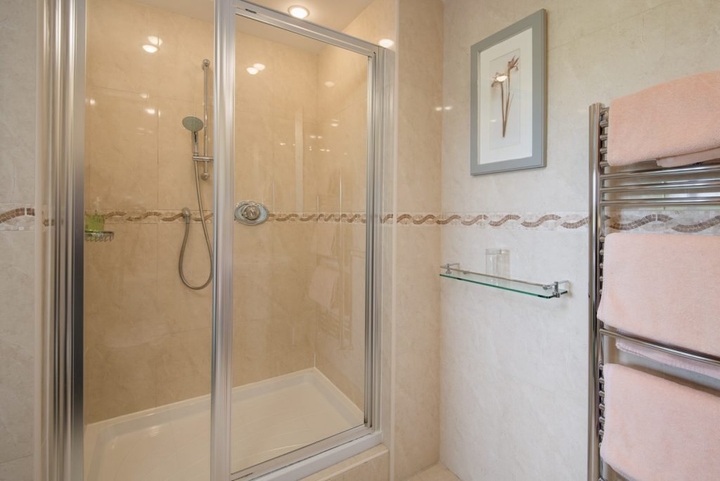 Modern bathroom with glass shower and towel rack