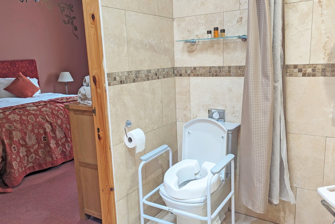 Accessible bathroom with adjoining bedroom view.