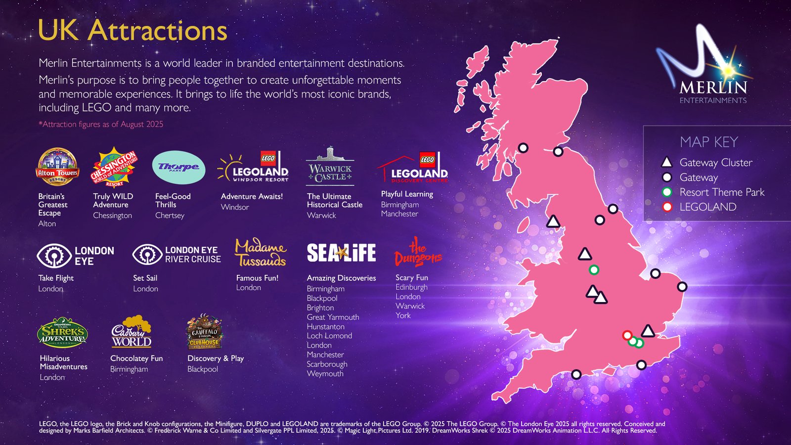 Map showing Merlin attractions across the UK